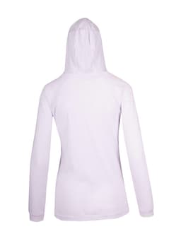 A white women's fusion T-shirt hoodie featuring a hood and long sleeves, displayed from the back.