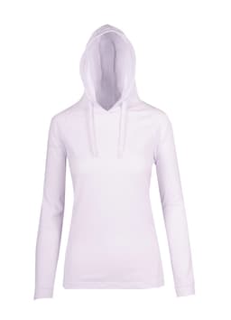 A white women's fusion T-shirt hoodie with a drawstring hood and long sleeves. It features a logo on the front.