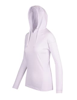 A white women's fusion T-shirt hoodie with a hood and long sleeves, featuring a logo.
