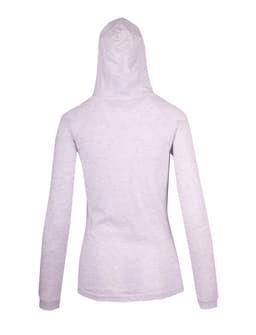 A light grey women's fusion T-shirt hoodie with a fitted design and a hood, featuring a branding logo.