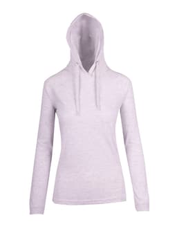 A grey women's fusion T-shirt hoodie featuring a hood and long sleeves. It includes a logo on the front.