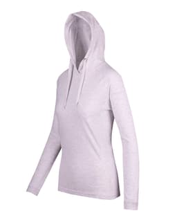 A women's fusion hoodie in light grey with a front kangaroo pocket and a drawstring hood. Features branding.