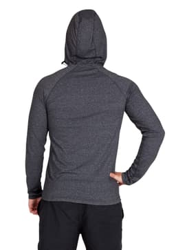 A dark grey men's half-hood top with a fitted design, featuring a logo on the back.