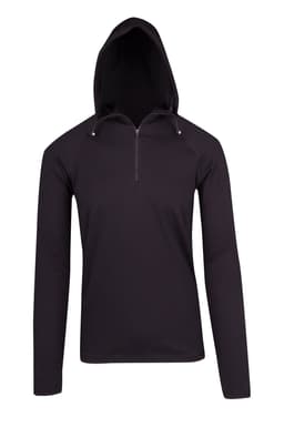 A black half-hood top for men with long sleeves and a zippered front, featuring an attached hood and a logo.