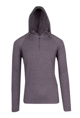 A grey half-hood top with a zip and long sleeves, featuring a logo. Perfect for casual wear.