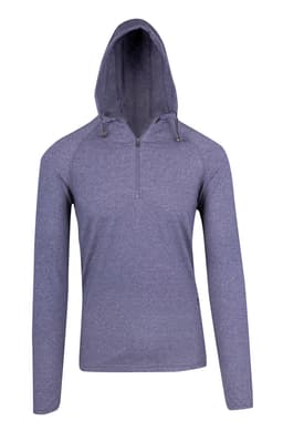 A grey half-hood top with a zippered front and long sleeves, featuring a logo on the side.