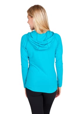 A woman wearing a turquoise half-hood top, viewed from the back, with a hood and long sleeves.