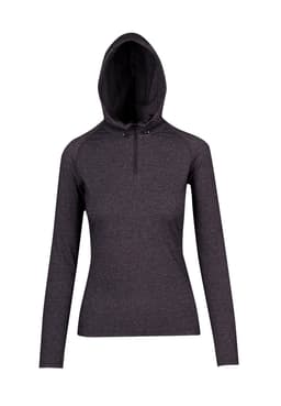 A dark grey half-hood top with long sleeves and a zippered neckline. It features a hood and has a logo.