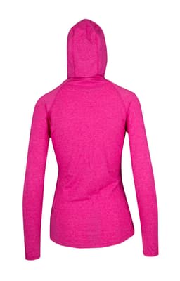 A pink women's hoodie with a half-hood design, featuring long sleeves and a fitted style. It has a logo on the back.