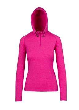 A women's half-hood top in vibrant pink with long sleeves and a drawstring hood. The garment features a small logo.