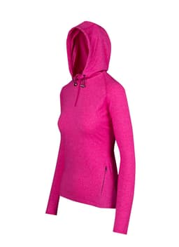 A vibrant pink half-hood top with a fitted design and long sleeves, featuring a zipper pocket and a hood.