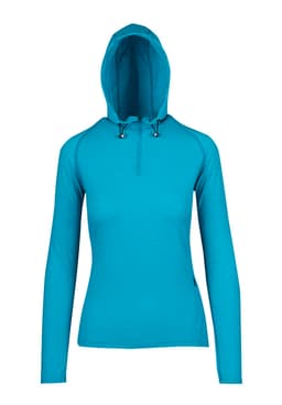 A turquoise half-hood top designed for women, featuring long sleeves and a hood. Includes a logo on the side.