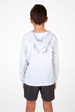 A grey hoodie for kids, featuring a back view with a hood, paired with shorts. Includes a logo.