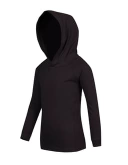 A black kids' hoodie with a hood and long sleeves, featuring a simple design and a logo.