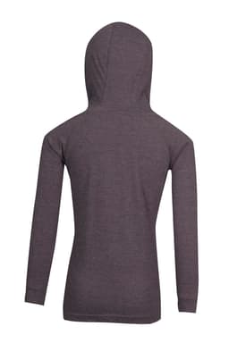 A grey kids' hoodie featuring long sleeves and a hood, viewed from the back. 