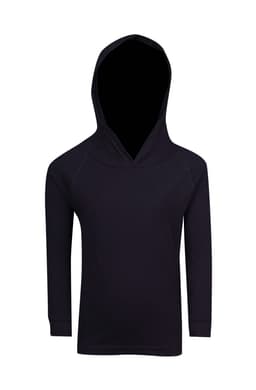 A black kids' fusion t-shirt hoodie with a hood and long sleeves, featuring a simple design.