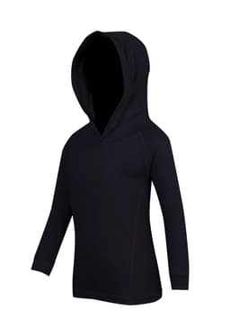 A black hoodie for kids, designed with long sleeves and a front kangaroo pocket. It features a hood and a logo.