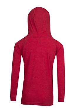 A red hoodie with a hood and long sleeves, featuring a plain back design and a branding logo.