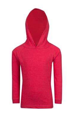 A red hoodie with a soft texture and a hood, designed for kids, featuring long sleeves.