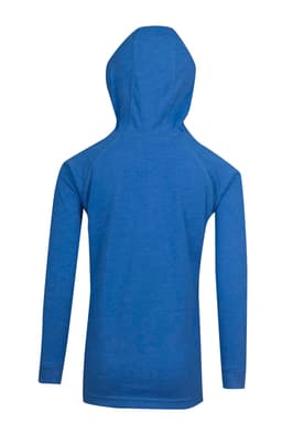 A blue kids' fusion t-shirt hoodie featuring a hood and long sleeves, with a logo on the back.