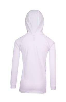 A white kids' hoodie with a back view, featuring a hood and long sleeves. Includes a logo emblem.