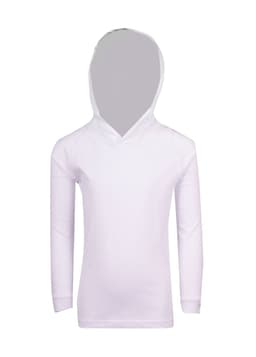 A white hoodie with long sleeves and a hood, designed for kids. It features a smooth, plain fabric without embellishments.