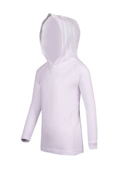 A white kids' fusion t-shirt hoodie with long sleeves and a hood, featuring a branding logo.