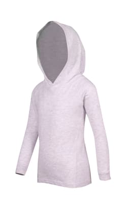 A light grey hoodie with a hood, featuring long sleeves and a soft, smooth texture. It has a simple design.