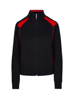 A black jacket with red contrast accents, featuring a zip-up front and a high collar. It has a logo.
