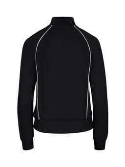 A black unbrushed contrast jacket featuring white piping details and a high collar. It has a fitted design with ribbed cuffs.