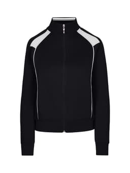 A black unbrushed contrast jacket featuring white accents, zip closure, and a stand-up collar. Includes a logo.