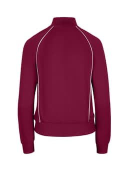 A maroon women's juniors unbrushed contrast jacket with a high collar and contrasting piping details.