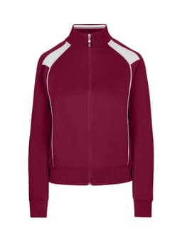 A burgundy jacket with contrasting white accents, featuring a high collar and zip closure. It has a logo on one side.