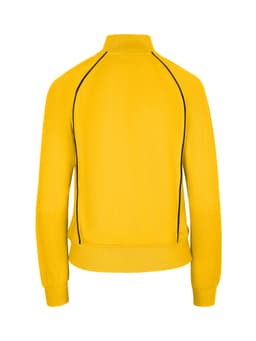 A yellow unbrushed contrast jacket with black piping, featuring a high collar and fitted cuffs.
