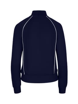 A navy unbrushed contrast jacket featuring white piping details and a fitted design. The jacket has a high collar and ribbed cuffs.