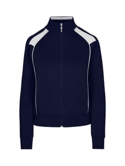 A navy jacket featuring contrast detailing and a zip-up front. It has a branded logo.