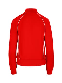 A red women's/juniors unbrushed contrast jacket featuring white piping and a high collar.