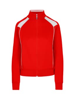 A red women's/juniors unbrushed contrast jacket featuring white accents and a zip-up front, with a logo on the design.