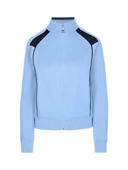 A light blue women's juniors unbrushed contrast jacket featuring dark blue accents and a zip front.