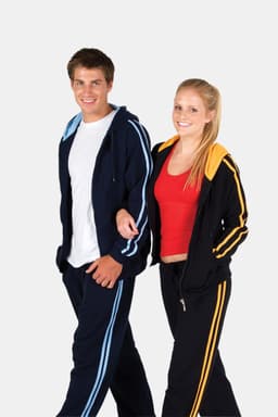 A navy hoodie with stripe sleeves, paired with matching navy pants, and a black hoodie with orange stripes worn with black pants.
