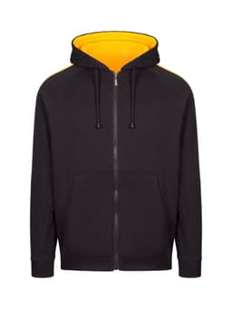A black hoodie with a yellow lined hood and stripe sleeves, featuring a zip front and front pockets.