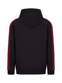 A black hoodie featuring red stripe detailing on the sleeves and a hood. Includes a branding logo.