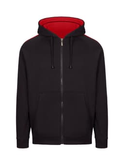 A black hoodie featuring red stripe sleeves, a front zipper, and a kangaroo pocket. It has a hood and a logo.