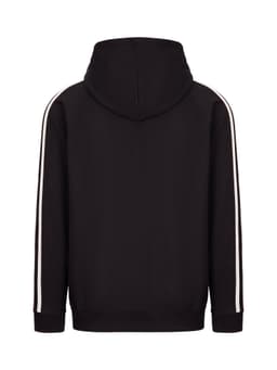 A black hoodie featuring striped sleeves and a hood, with a branding logo.