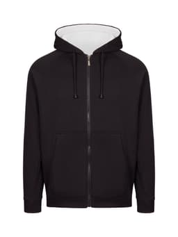A black unbrushed hoodie with stripe sleeves and a front zip, featuring a hood and kangaroo pockets.