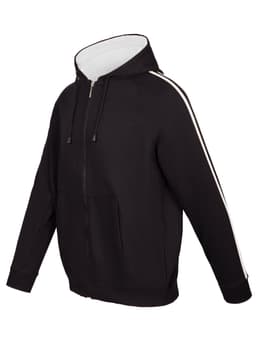 A black unbrushed hoodie with stripe sleeves, featuring a front zipper and a hood. It has a logo on it.