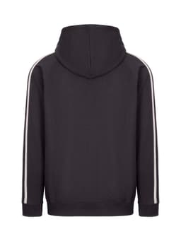 A black unbrushed hoodie featuring stripe sleeves, with a hood and a logo on the back.