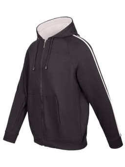 A black hoodie with contrasting stripe details on the sleeves and a zip-up front. Features a logo.