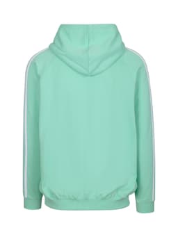 A mint green hoodie featuring stripe sleeves and a hood, with a fitted waistband at the bottom.