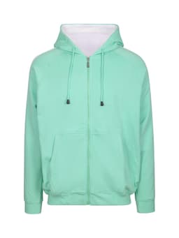 A mint green unbrushed stripe sleeve hoodie with a zip front and drawstring hood, featuring a logo.